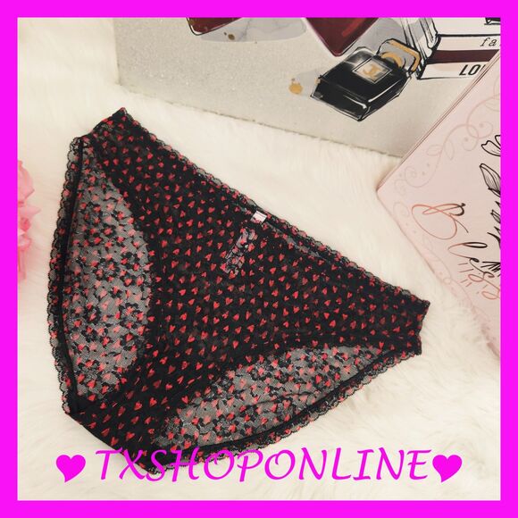 💗👙Victoria's Secret Red Hearts Black Lace Bikini Panties👙💗 - Picture 1 of 5